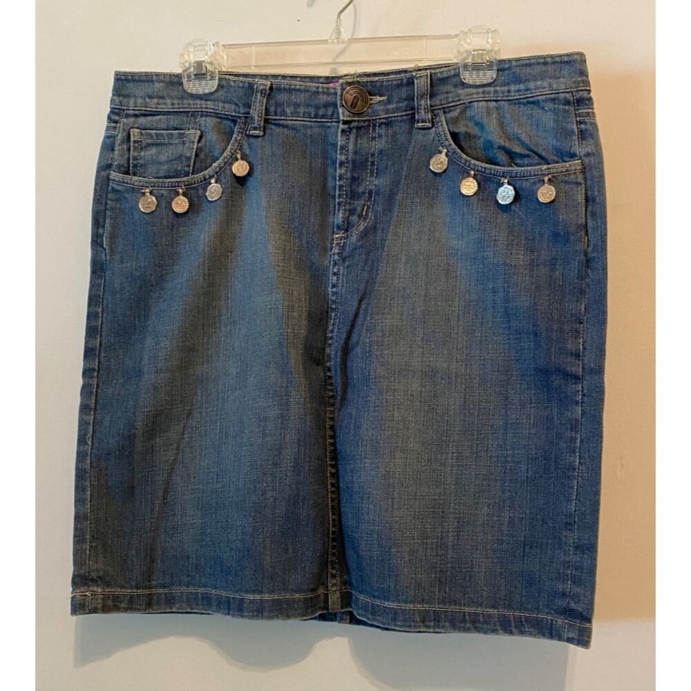 BCBGirls Jean Skirt Coin Accent Pockets Snap Fly Denim Size 12